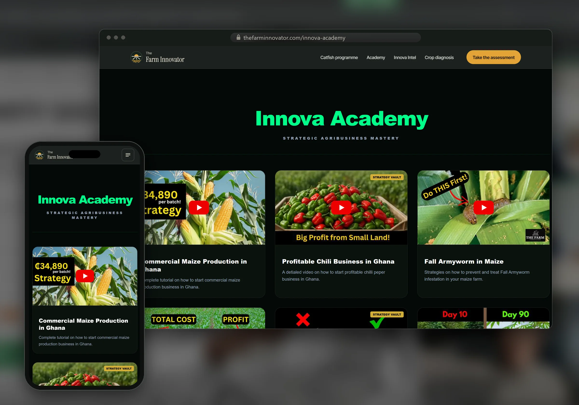 The Innova Academy page on a laptop and a phone, showing video courses on maize, chili and cassava farming in Ghana