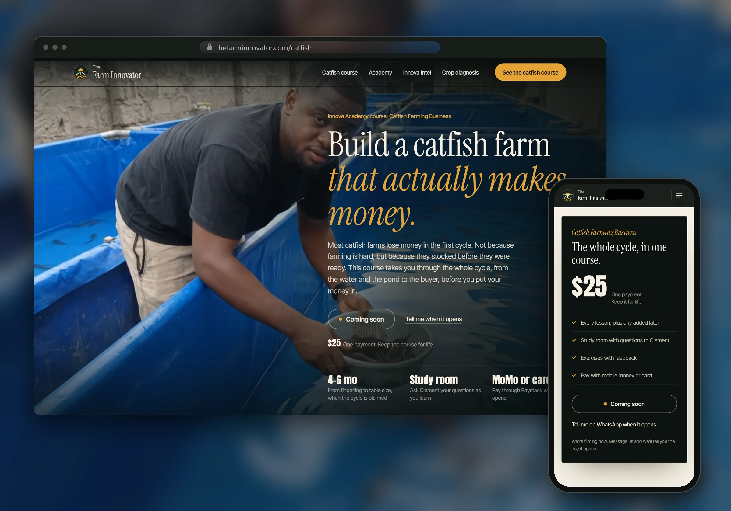 The catfish course page on a laptop and a phone: the course film, the price card and footage from client ponds